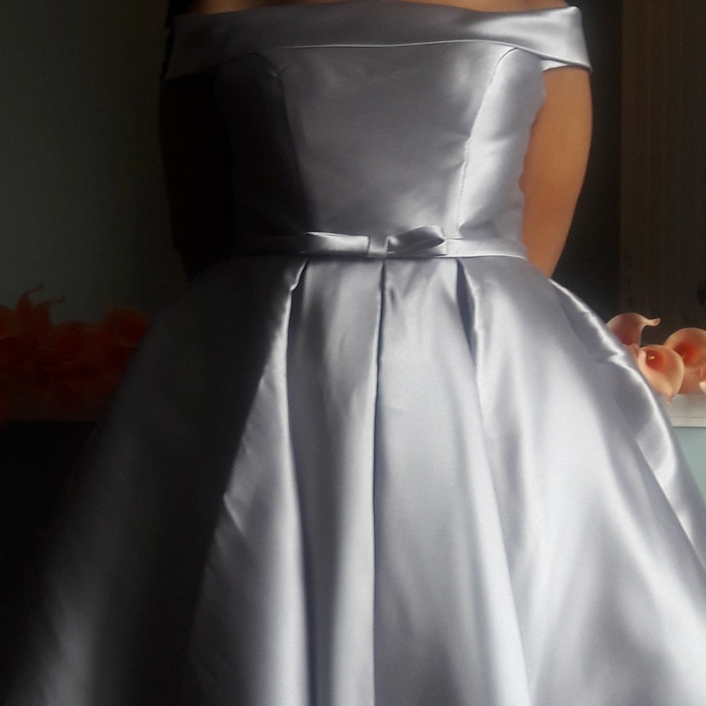Glorious silver off the shoulder cocktail dress